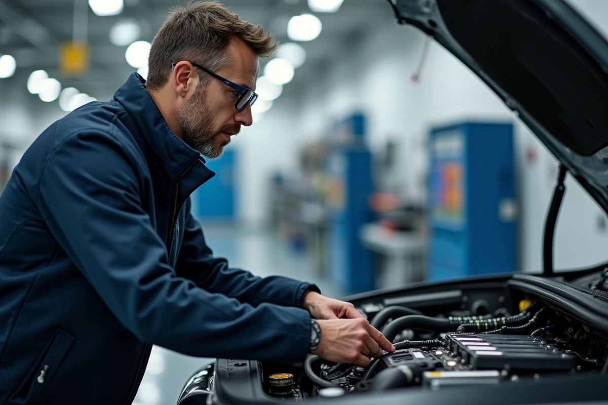 Ingénieur automobile examinant les composants d'un véhicule hybride prototype dans un garage de recherche high-tech