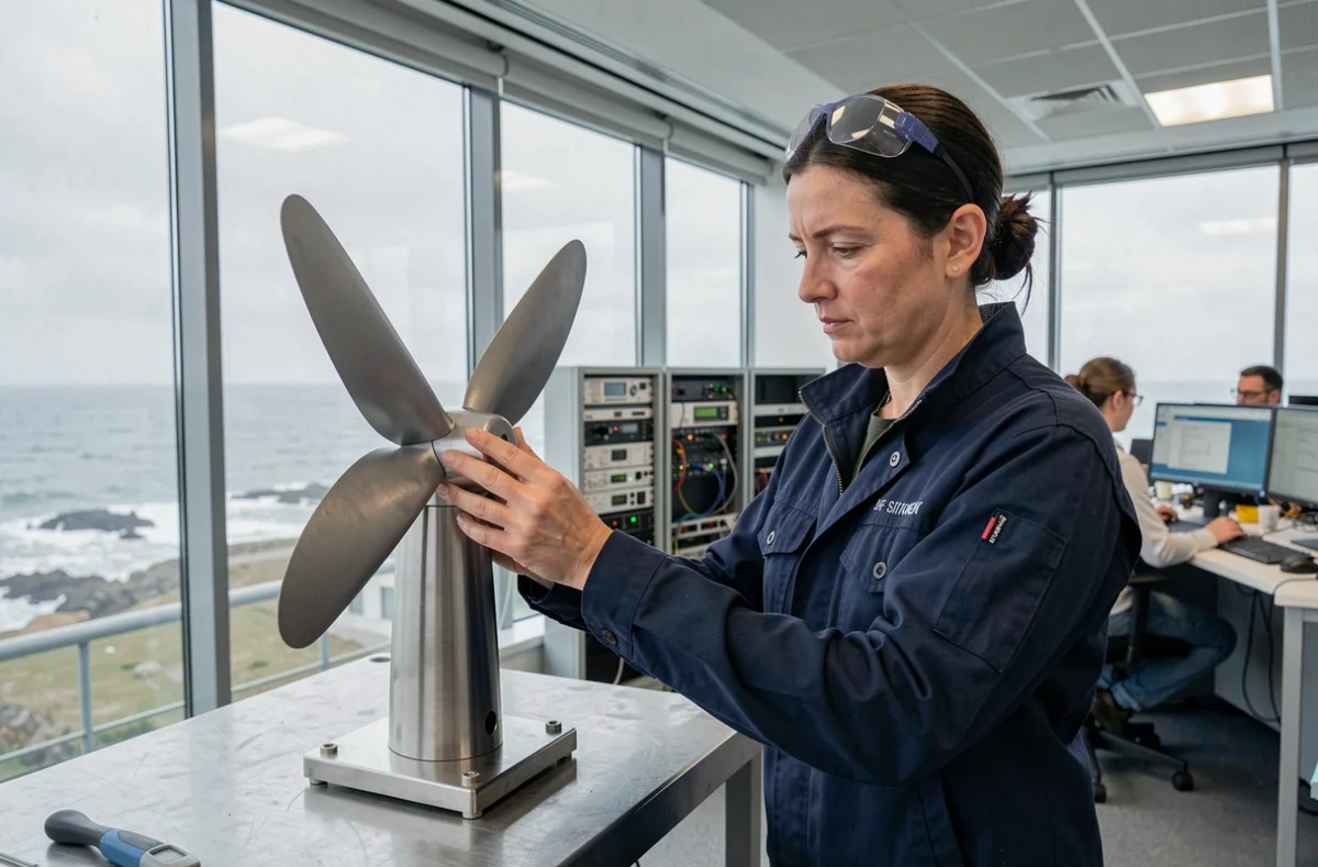 Ingénieure bretonne inspectant un prototype de turbine marémotrice dans un laboratoire de recherche marine à Brest