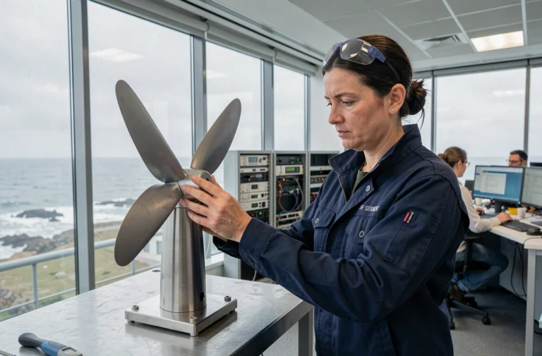 Ingénieure bretonne inspectant un prototype de turbine marémotrice dans un laboratoire de recherche marine à Brest