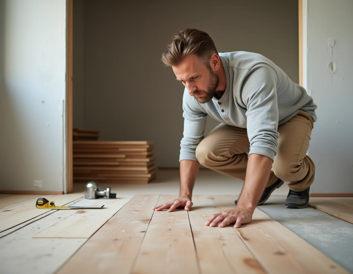 Homme inspectant un parquet en bois fraîchement posé lors de travaux de rénovation intérieure