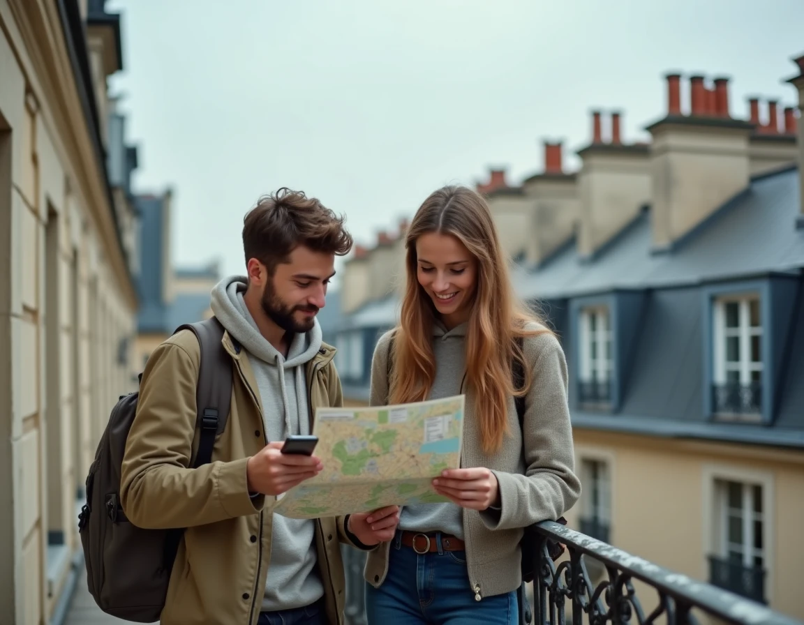 Couple de voyageurs sur un balcon parisien planifiant leur séjour dans une location d'appartement à Paris