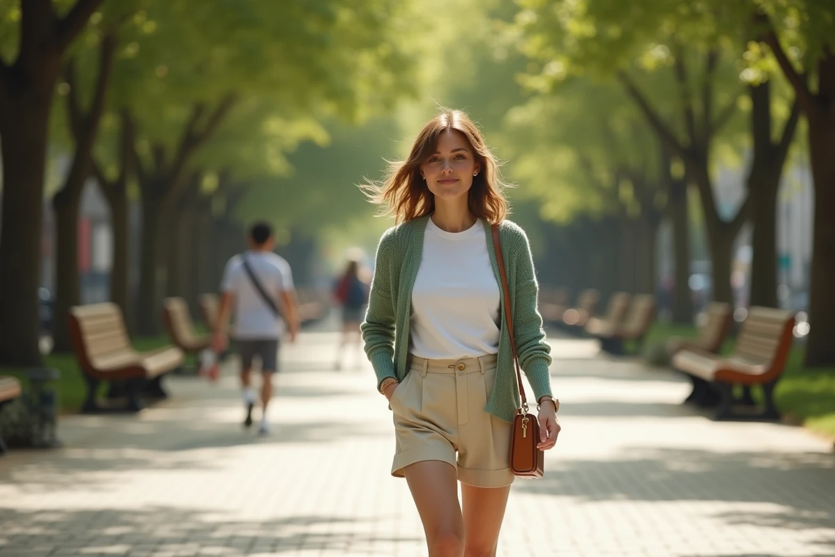 Femme en cardigan vert sauge et short beige se promenant dans un parc urbain par temps doux à 23°C