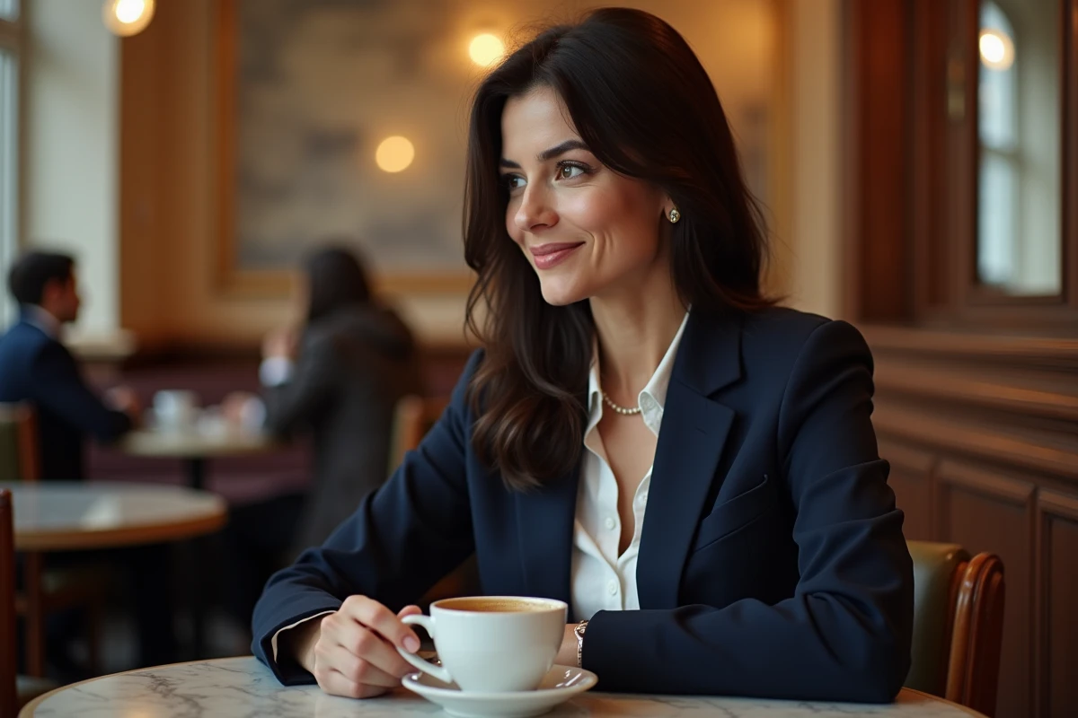 Femme journaliste élégante assise dans un café parisien, regardant discrètement hors champ, illustrant la vie privée et discrète d'une personnalité médiatique