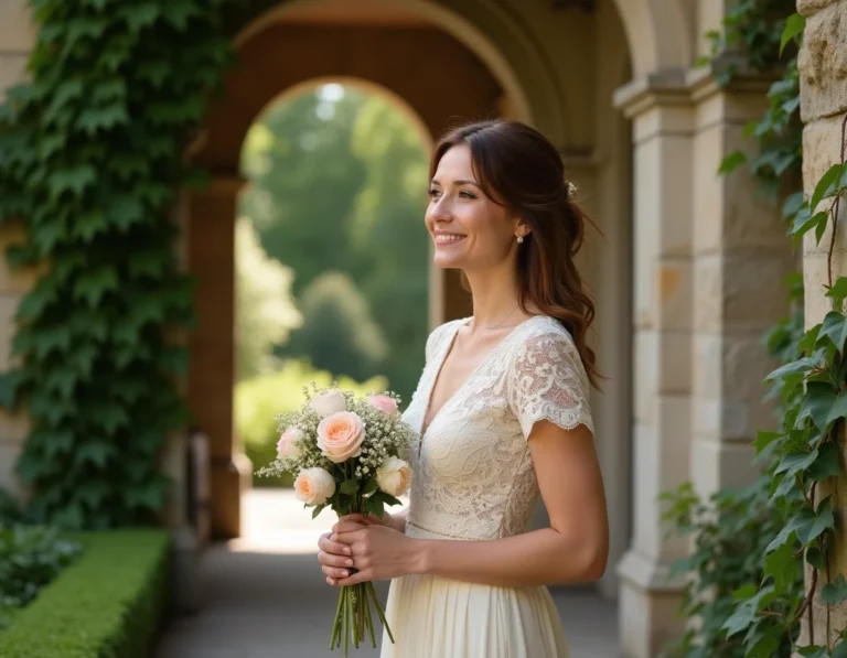 Femme élégante en robe de mariée en dentelle devant un château français historique tenant un bouquet de pivoines