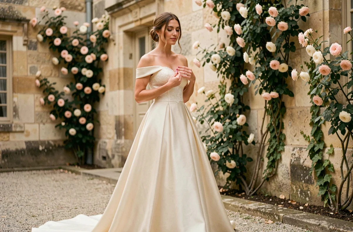 Mariée en robe de satin ivoire dans la cour d'un château français entourée de roses, tendances mariage 2024