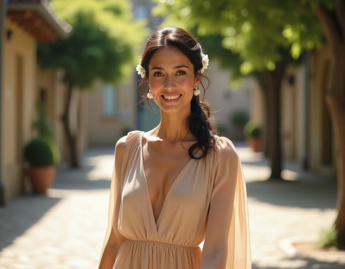 Femme en robe champagne marchant sur les pavés d'un village français ensoleillé lors d'un mariage