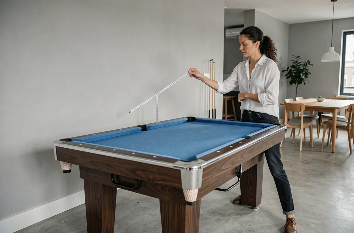 Femme mesurant l'espace disponible autour d'un billard américain 7 pieds avec un mètre ruban dans un appartement moderne