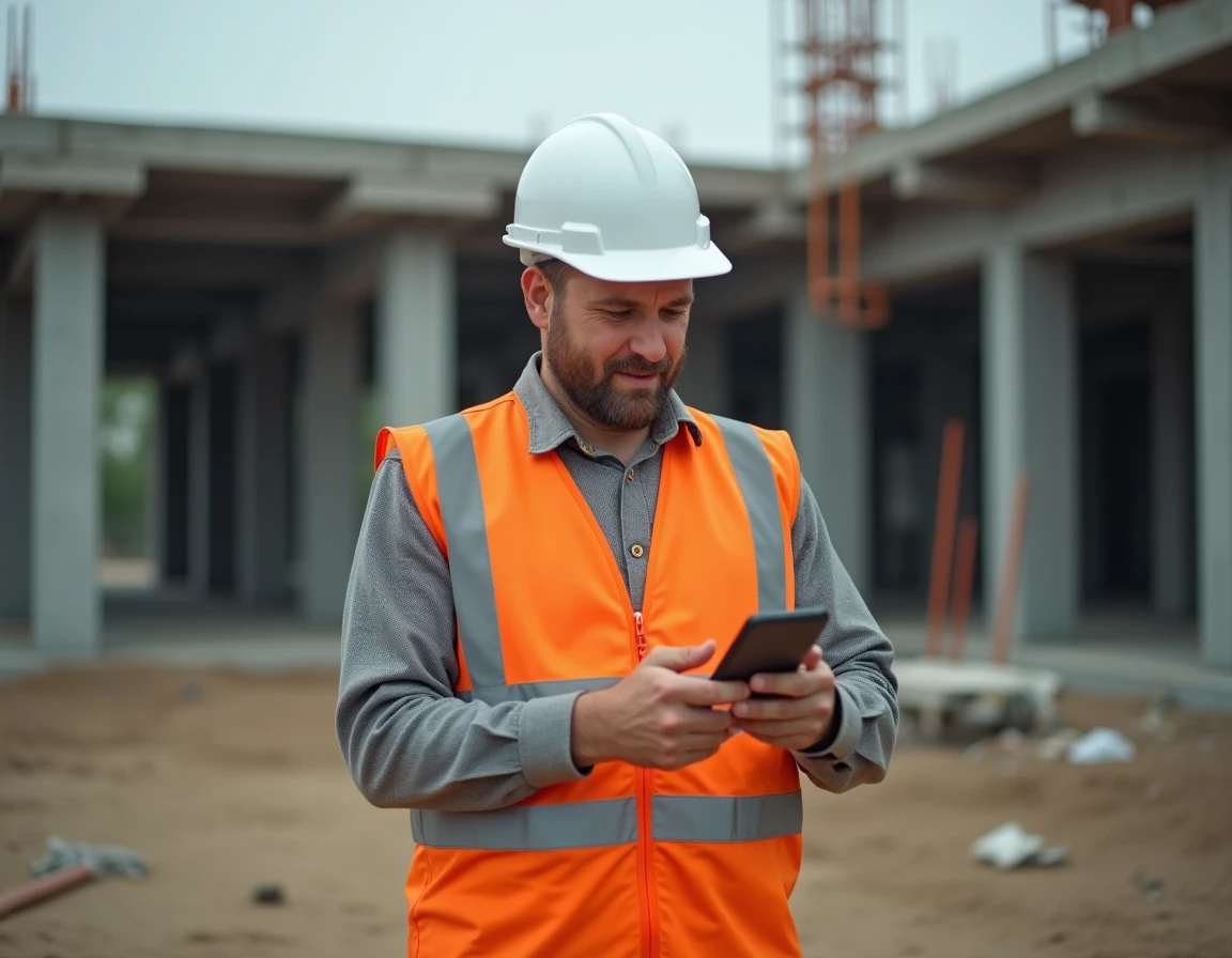 Ouvrier BTP sur chantier consultant un dossier de construction sur smartphone