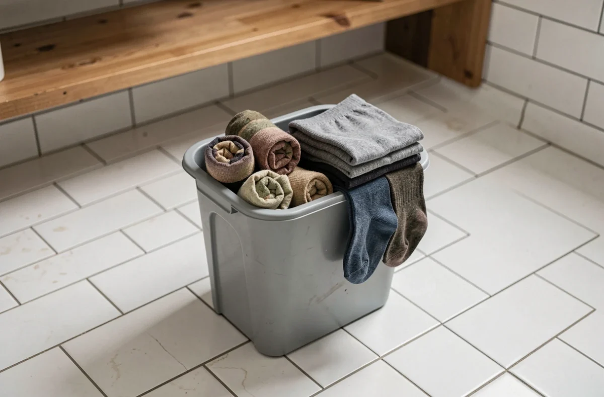 Poubelle de recyclage ouverte sur un sol de salle de bain contenant de vieilles chaussettes usées à côté de nouvelles chaussettes de remplacement