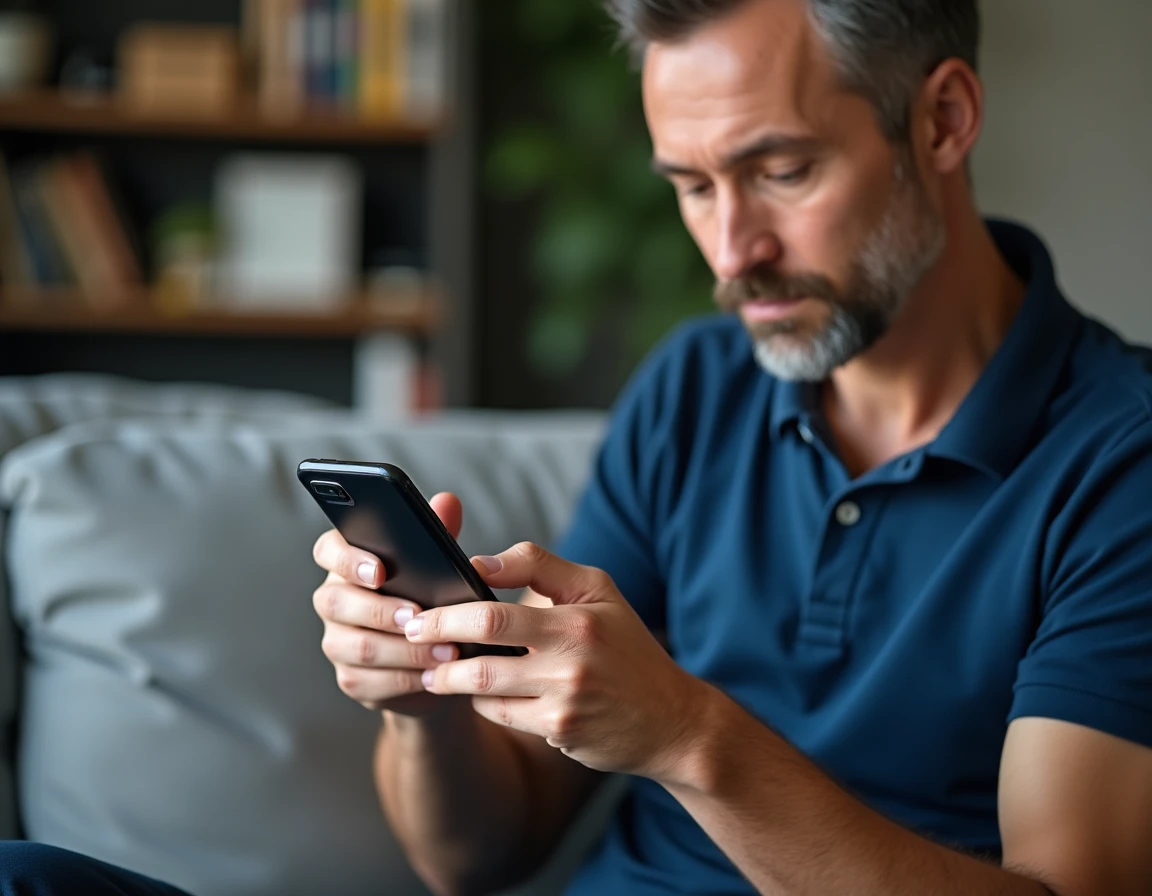 Homme consultant les paramètres d'abonnement Amazon Prime sur son smartphone dans un salon