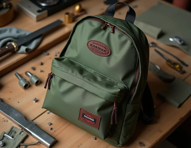 Sac à dos Eastpak en nylon kaki posé sur une table d'atelier en bois usé, entouré d'outils de fabrication artisanale