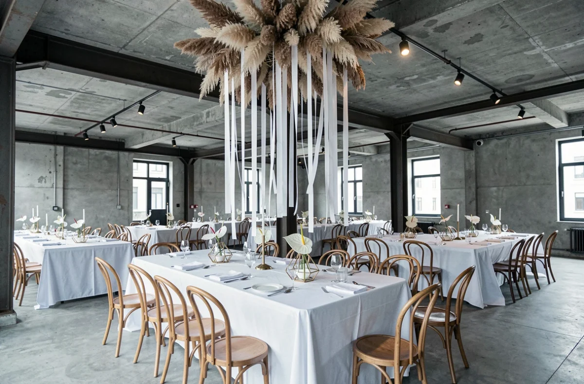 Salle de réception de mariage minimaliste et élégante dans un loft industriel avec décoration en or et blanc