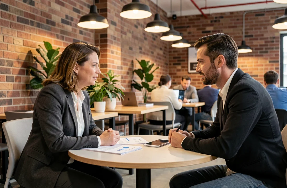Séance de coaching individuel entre une coach expérimentée et son client dans un espace de co-working contemporain