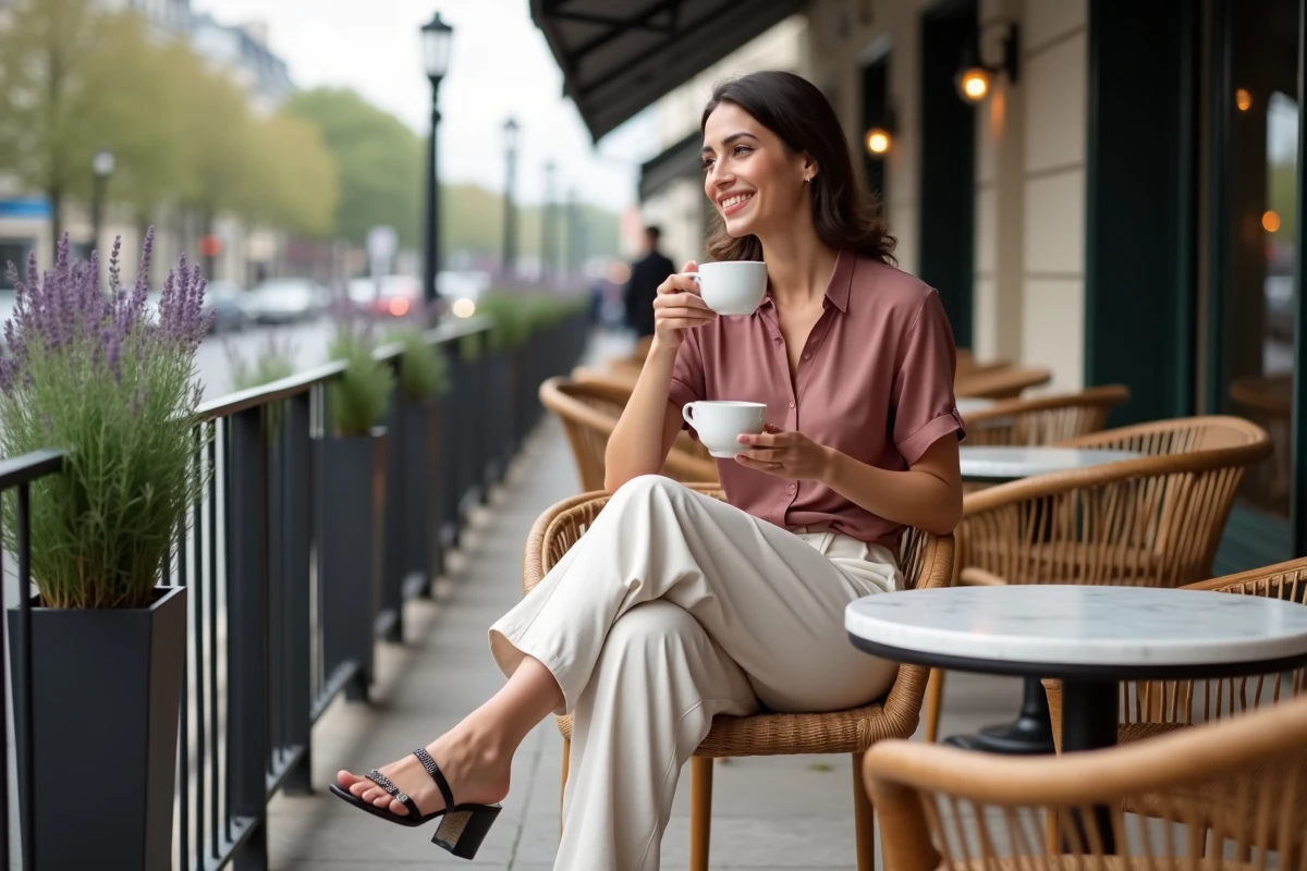 Femme en pantalon lin écru et blouse rose attablée en terrasse de café pour une tenue à 23 degrés