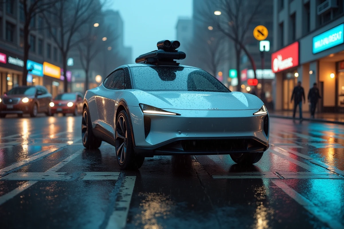 Véhicule autonome équipé de capteurs LIDAR circulant dans une rue urbaine mouillée au crépuscule