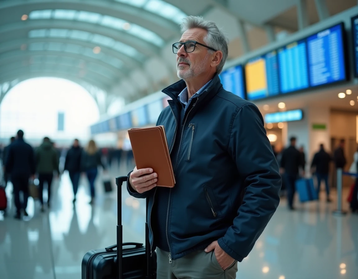 Voyageur tenant un carnet de voyage dans un terminal d'aéroport international avant son départ